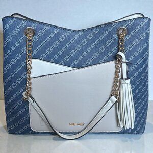 Nine West Blue & White Chain Print Shoulder Tote Bag with Gold Chain Strap